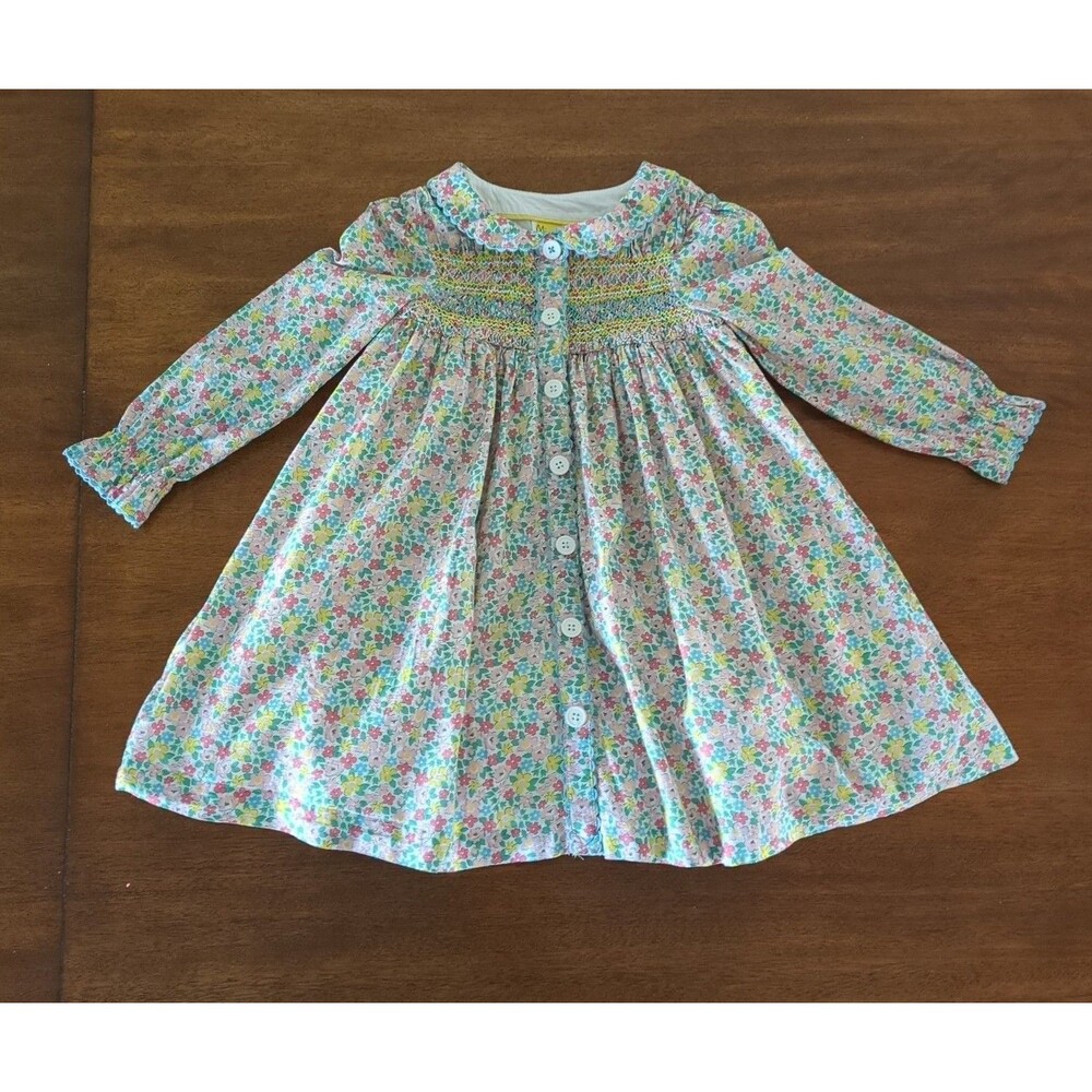 Mini Boden Girls Long Sleeve Button-through Smocked floral dress  EUC size 5/6